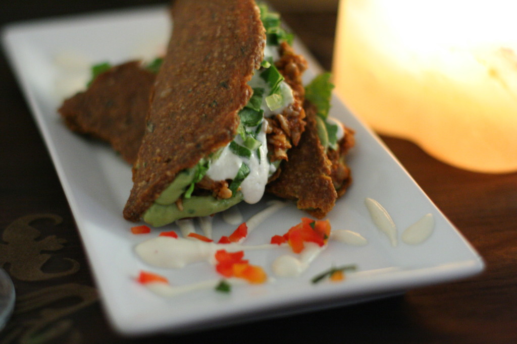 Tacos with non-fried Beans, Guacamole, Sour Cream